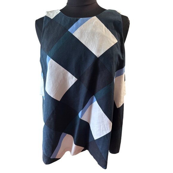 Ann Taylor Geometric Sleeveless Blouse Linen/Cotton Navy & White, Size Medium - Picture 1 of 8